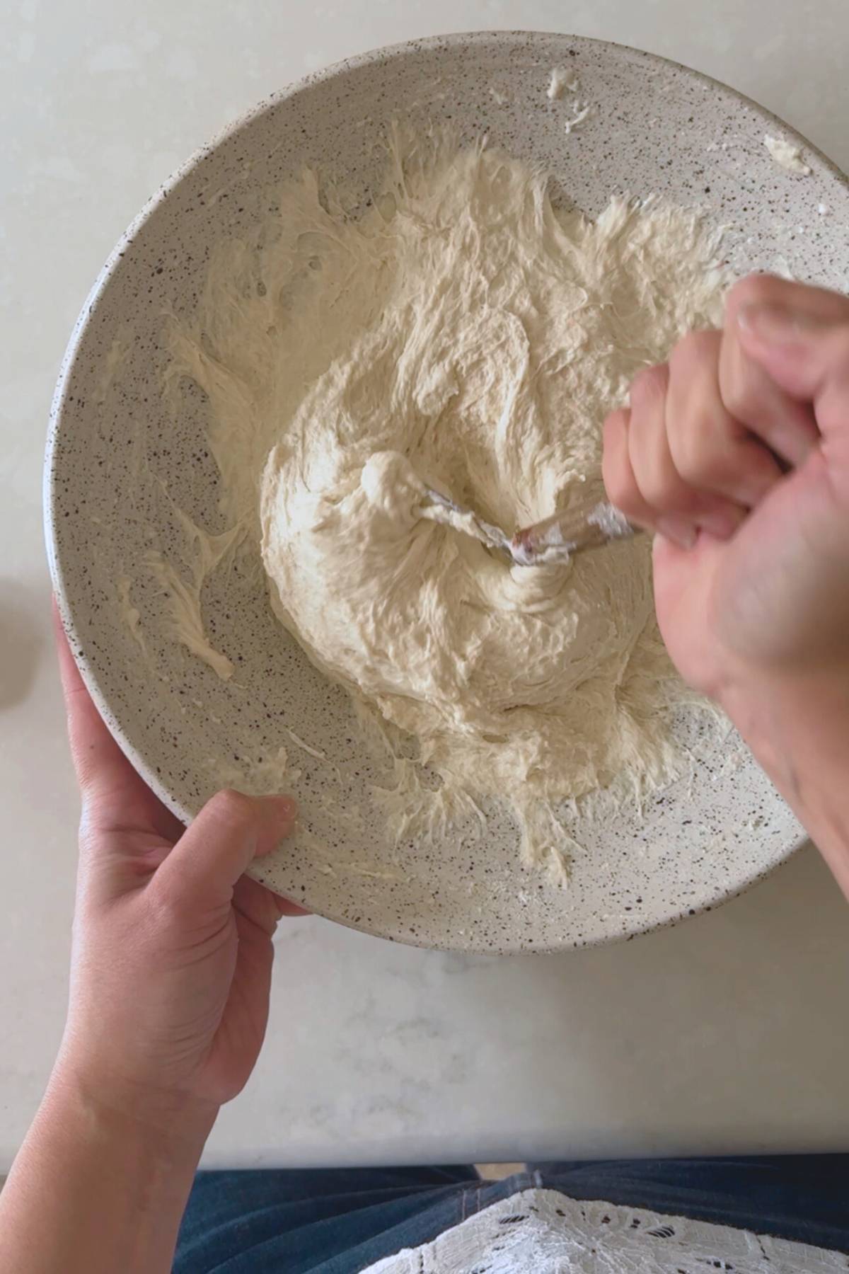 Mixing with the dough whisk until no dry bits remain