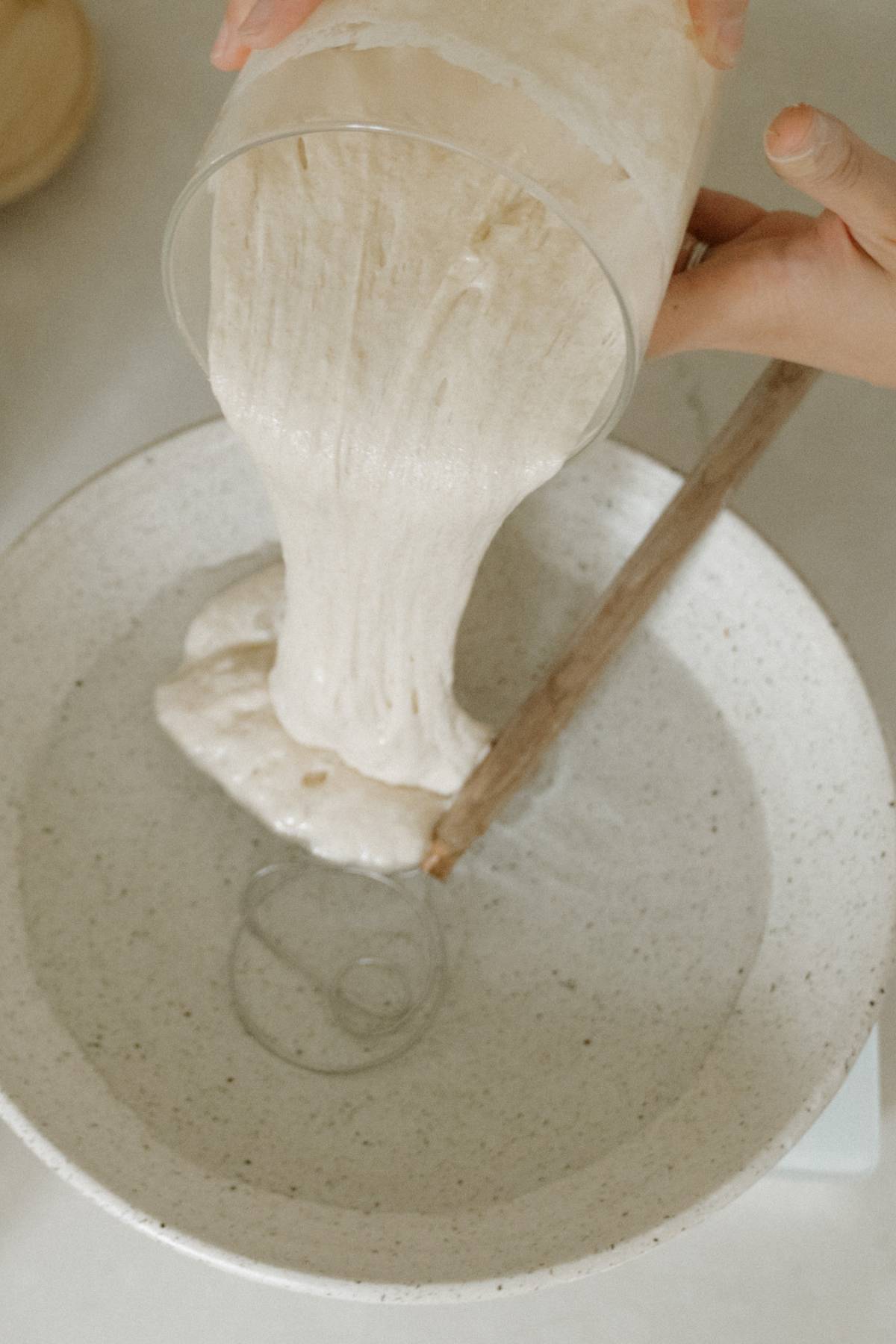 sourdough starter being poured in a bowl with water