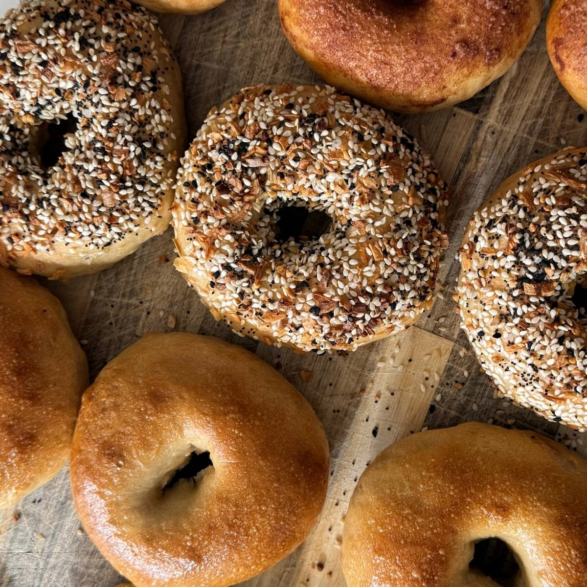 Sourdough bagels on a cutting board