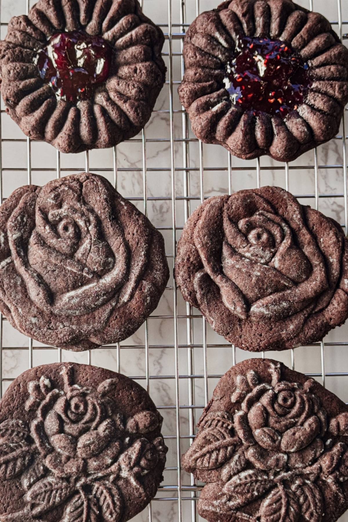Chocolate Molded Cookies on a cooling rack