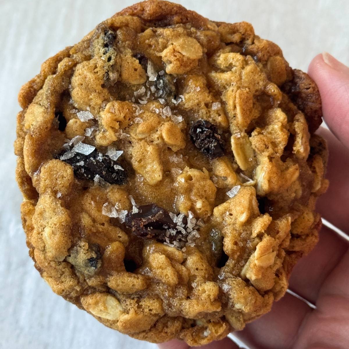 hand holding an oatmeal raisin cookies with flaky salt on top