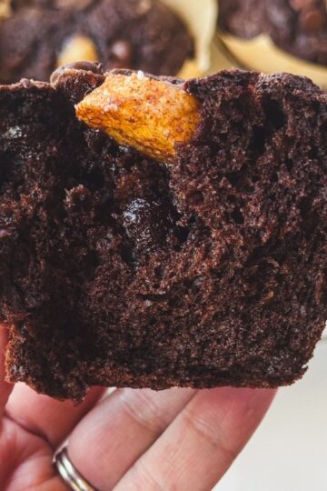 chocolate banana muffin split in half