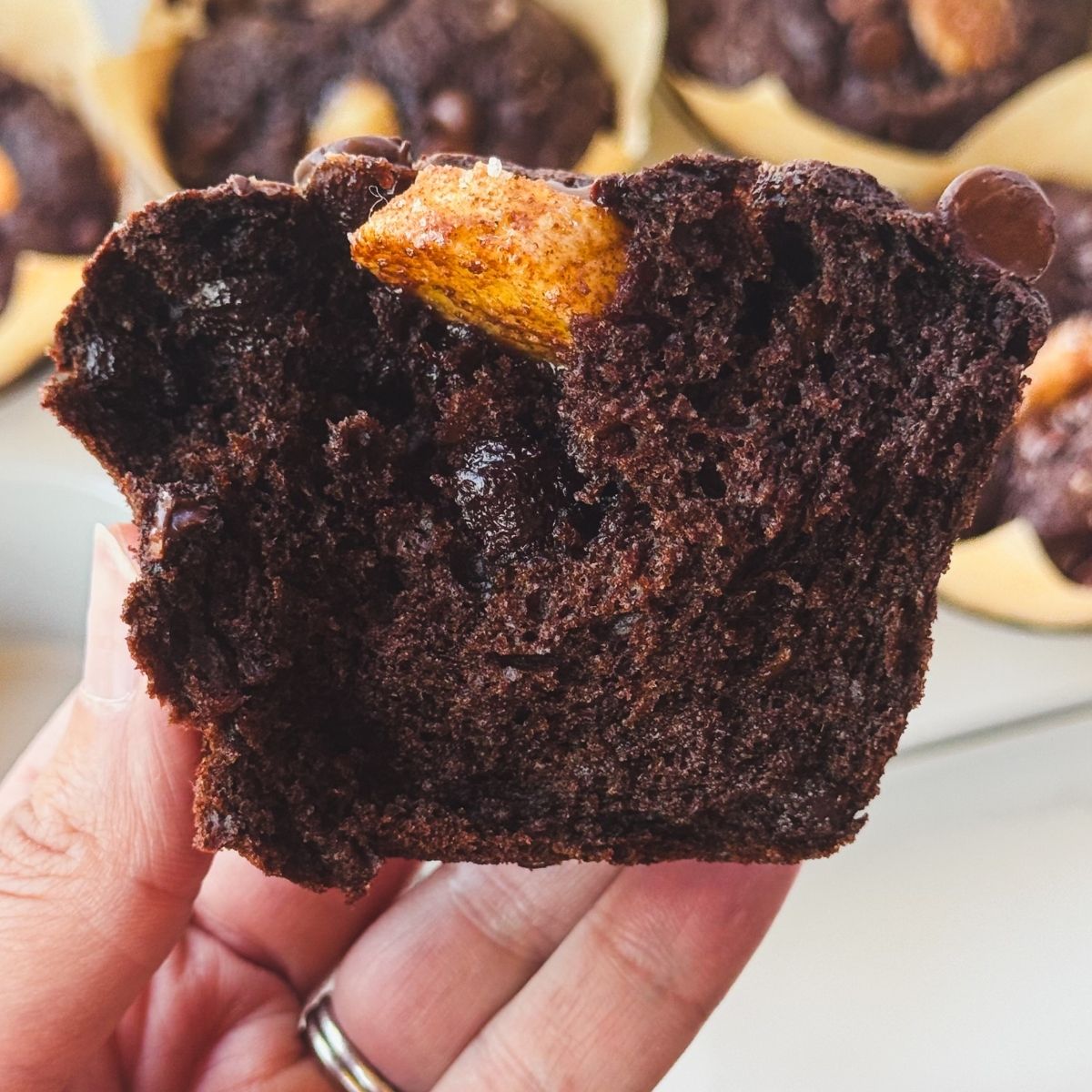 chocolate banana muffin split in half