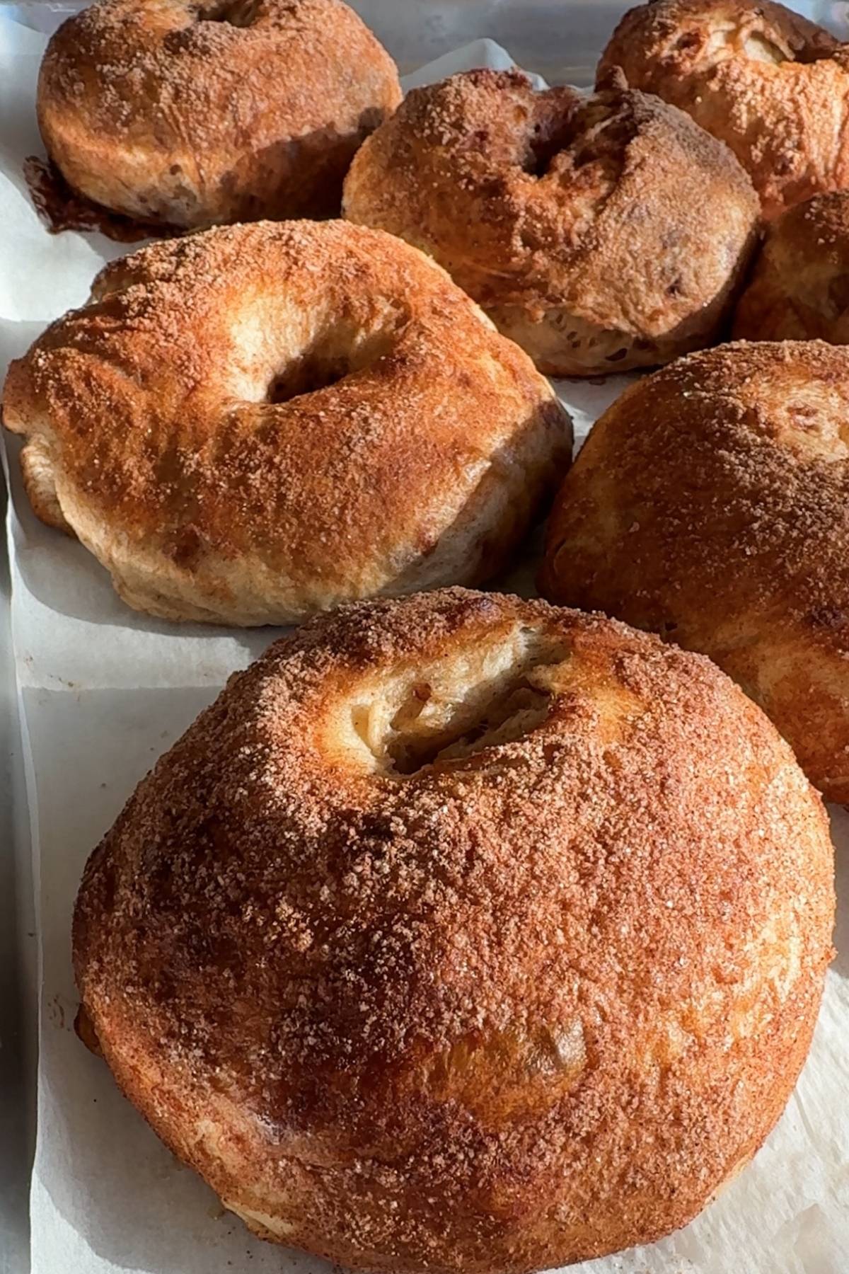 Cinnamon Sugar Bagels on a baking sheet