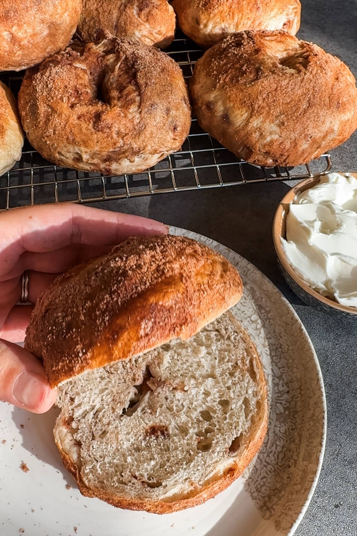 Cinnamon Sugar Bagels, one split in half