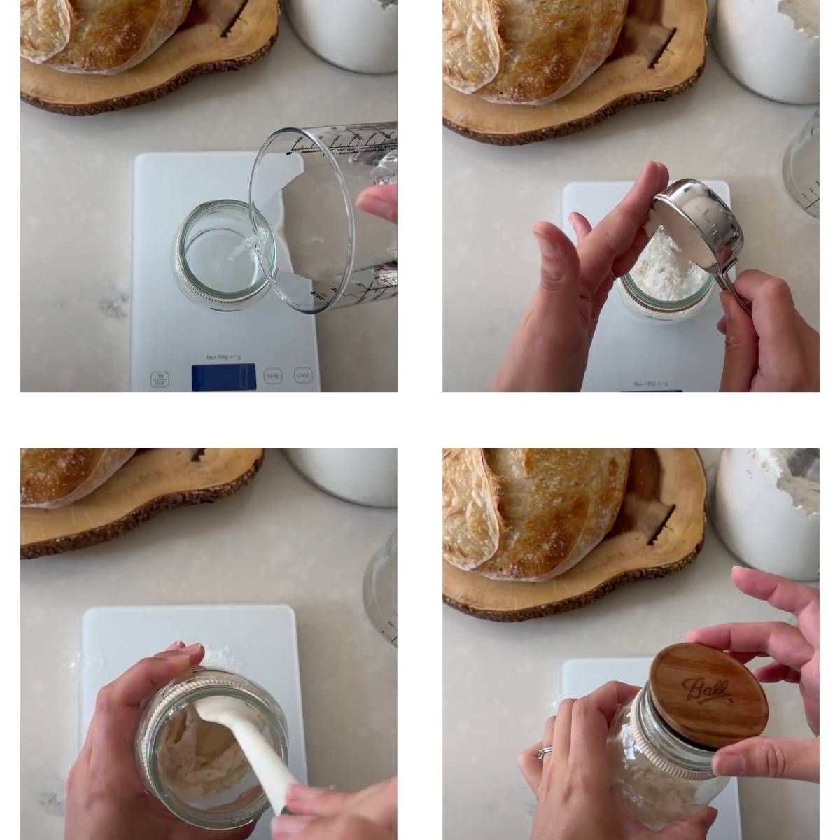 adding water and flour to a clean glass jar, mixing and closing it with a lid.