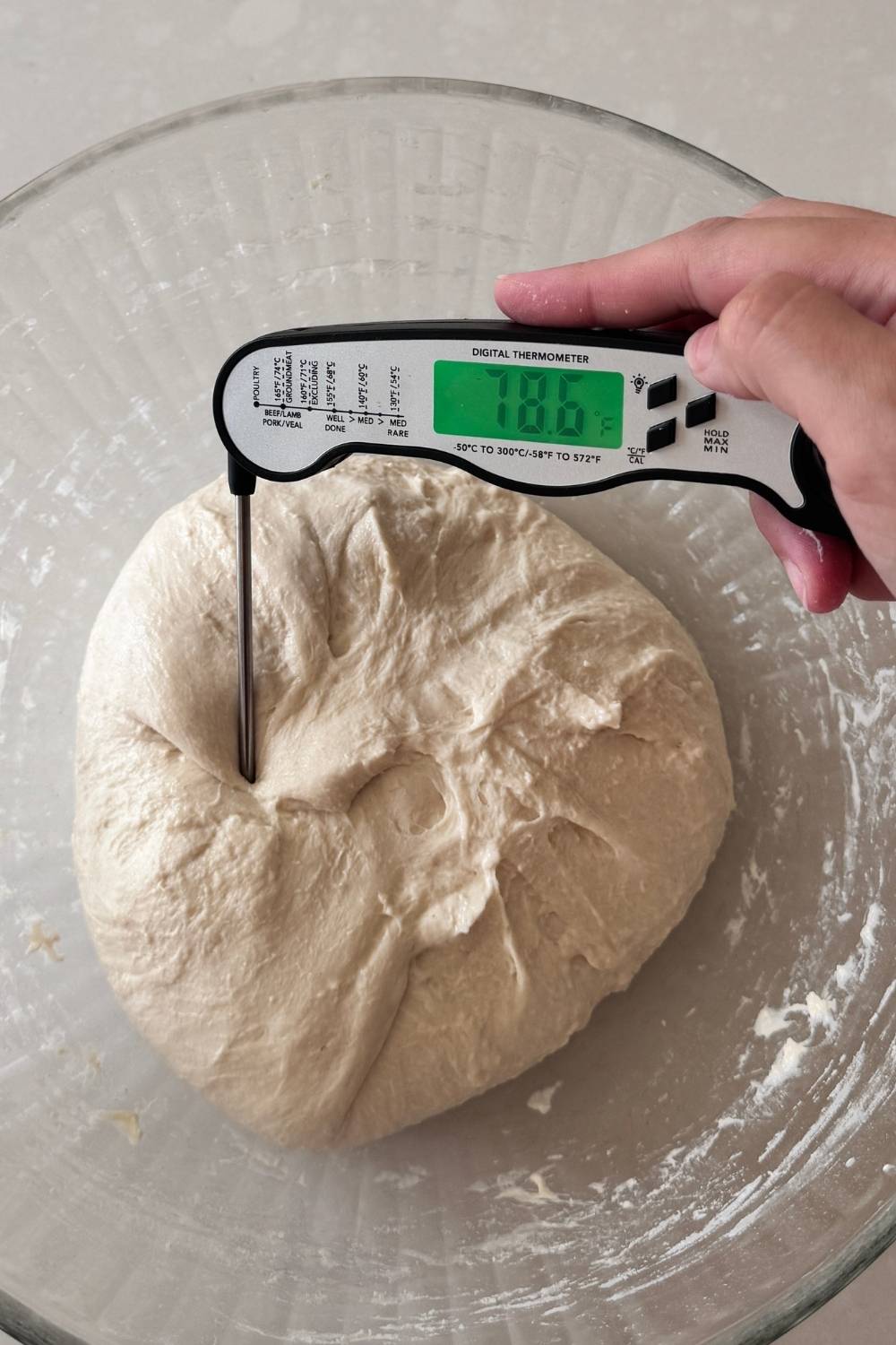 take the temperature of the dough. we are targeting 78F