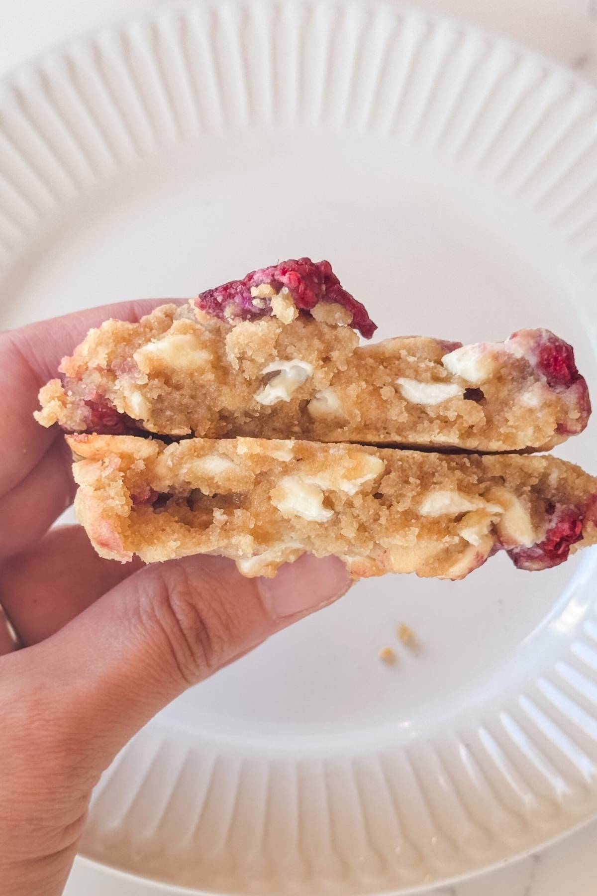 White Chocolate Raspberry Cookie in half