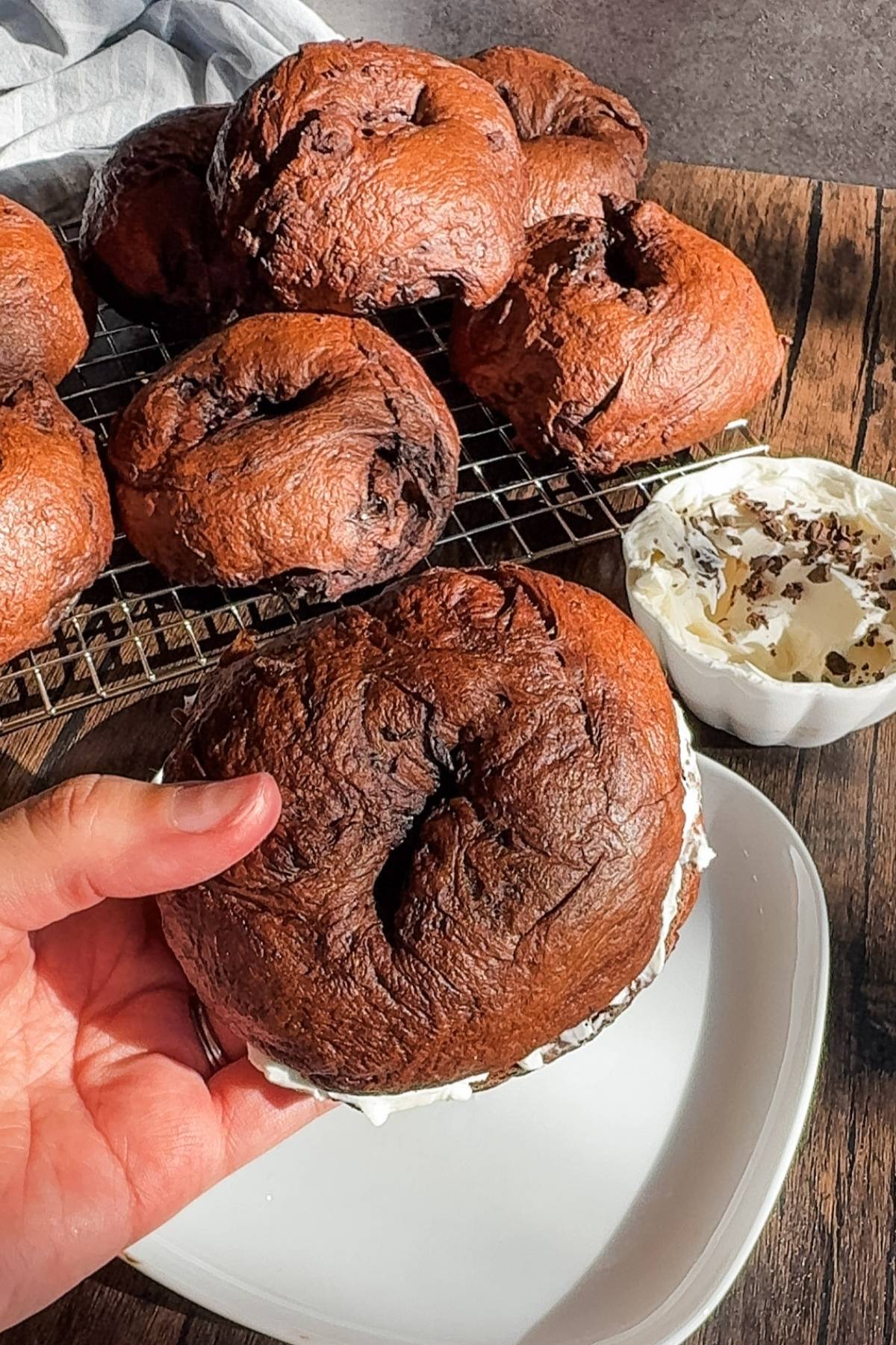 chocolate bagels with cream cheese