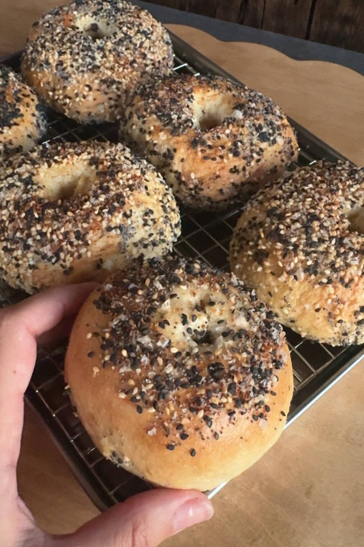hand grabbing a Everything bagel from a cooling rack