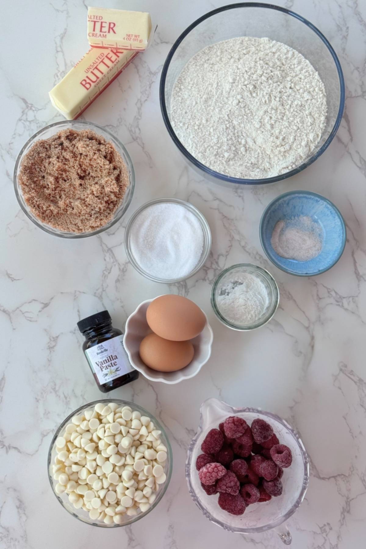 ingredients for white chocolate raspberry cookies