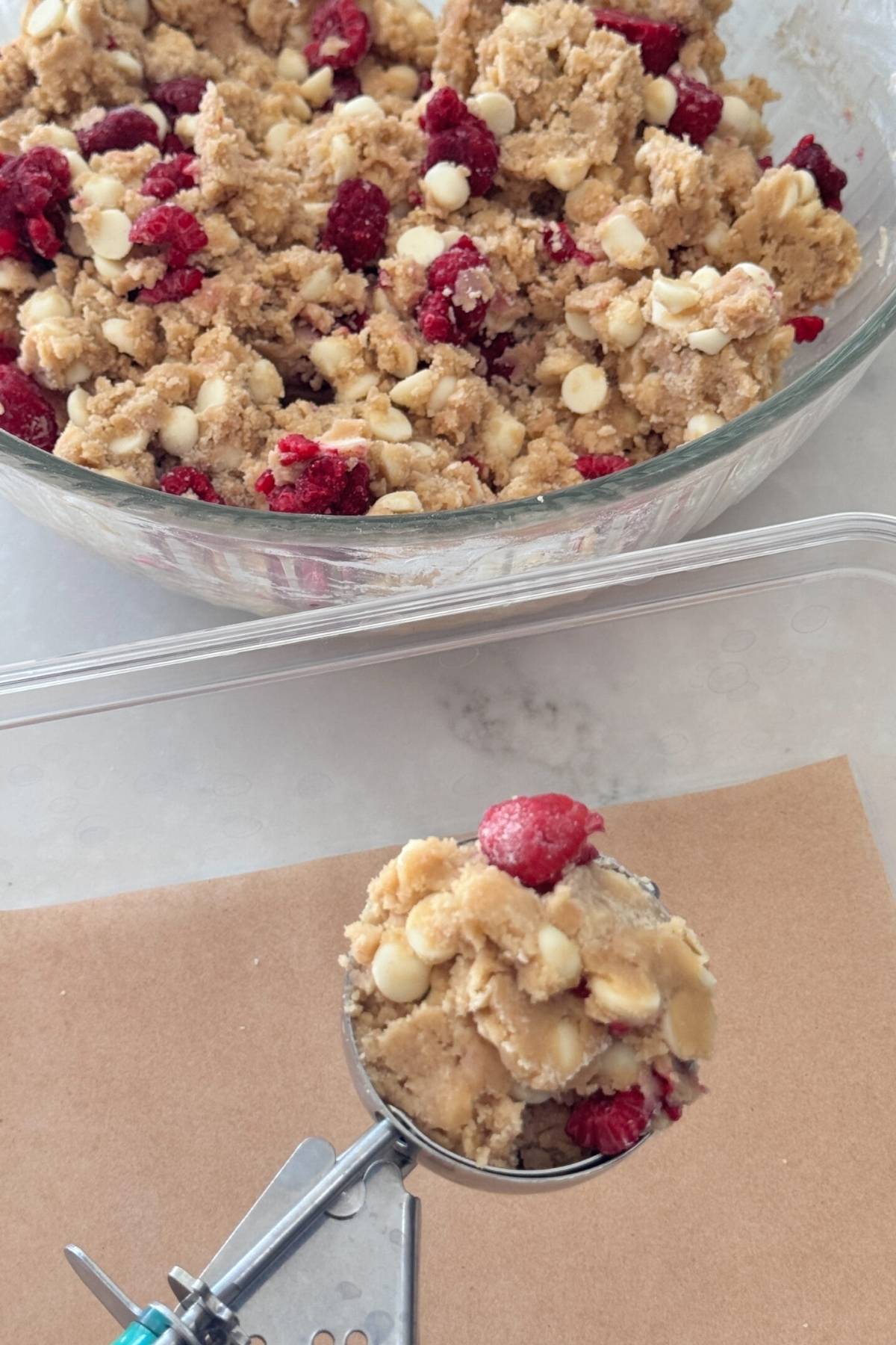 shaping white chocolate raspberry cookie dough