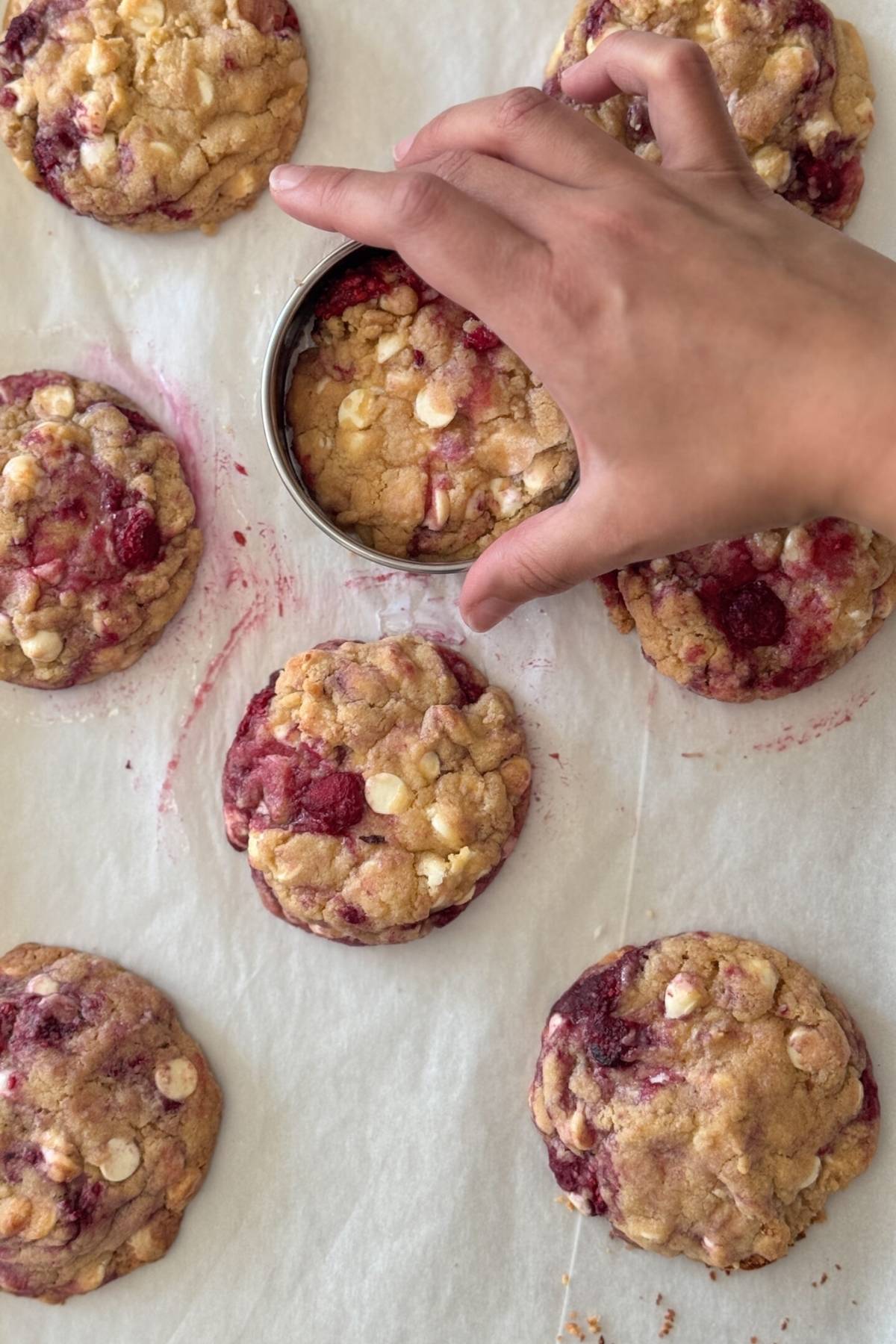 shaping white chocolate raspberry cookies