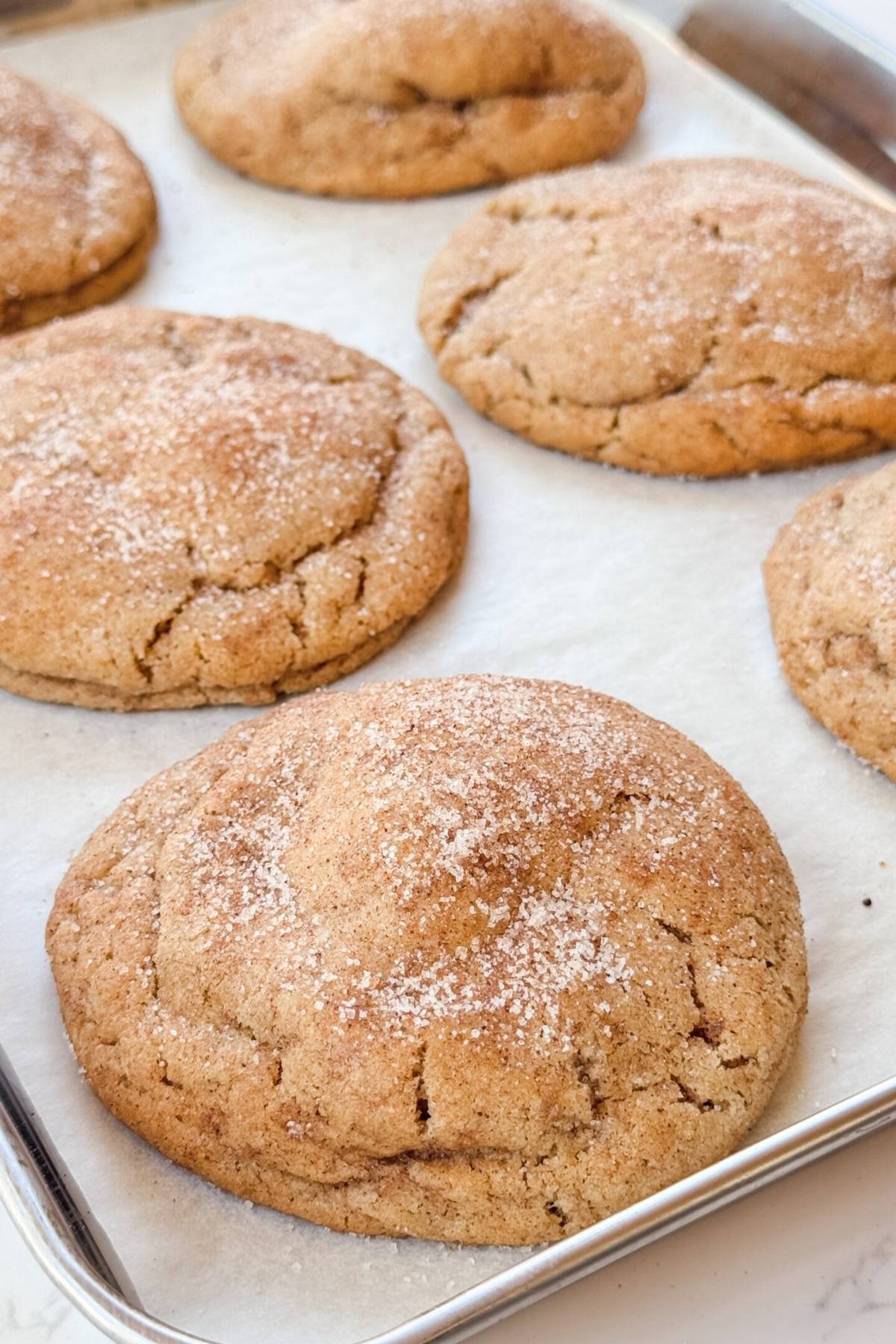 snickerdoodle cookies on baking sheet