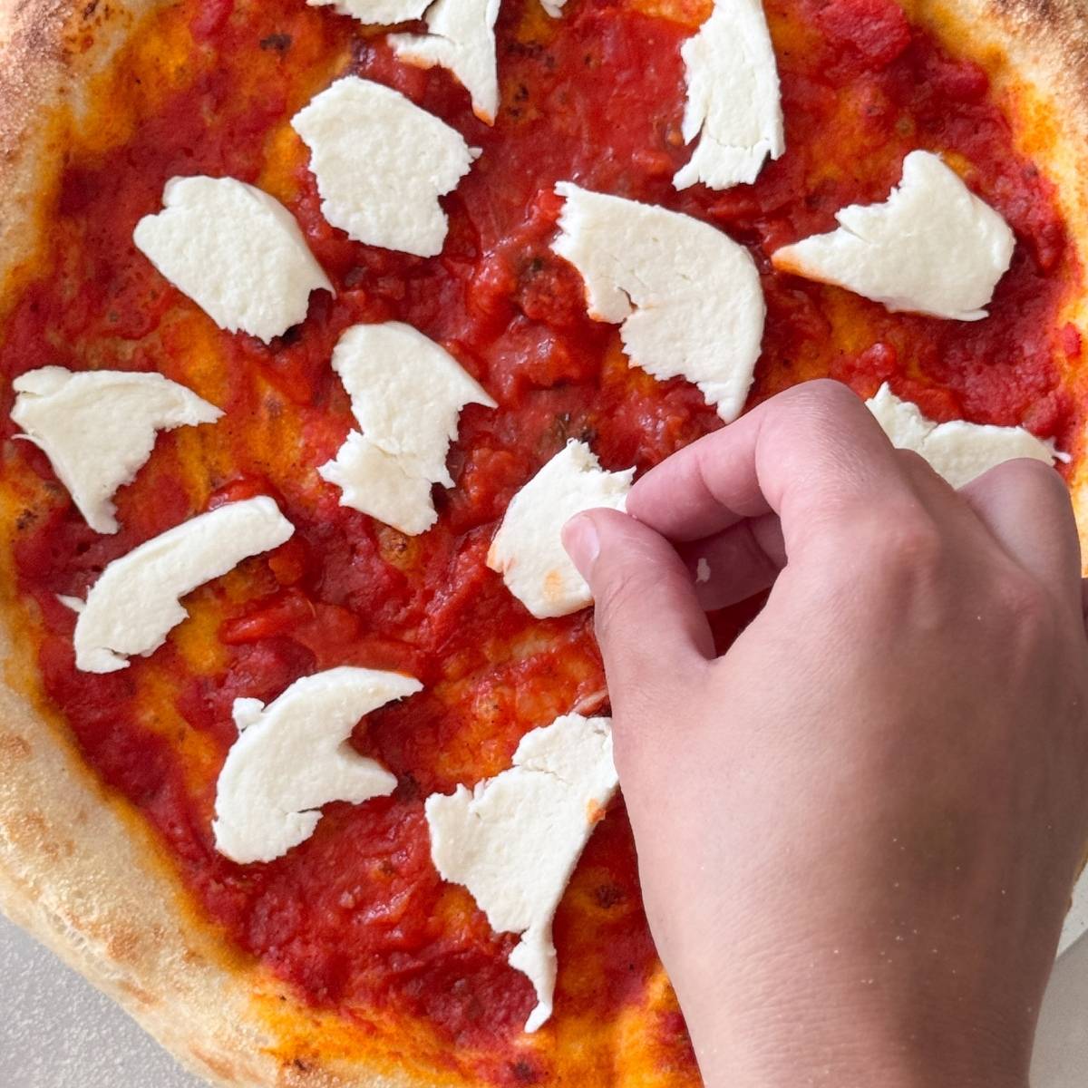 topping the homemade pizza with mozzarella cheese
