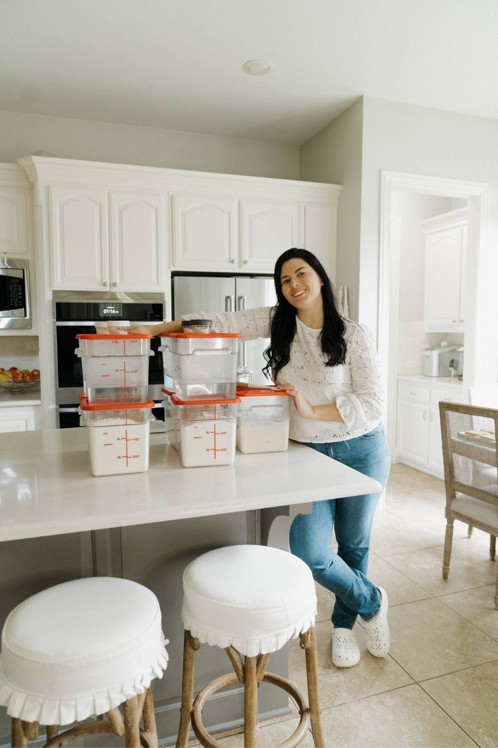 Maria showing her pre measured ingredients in her home kitche