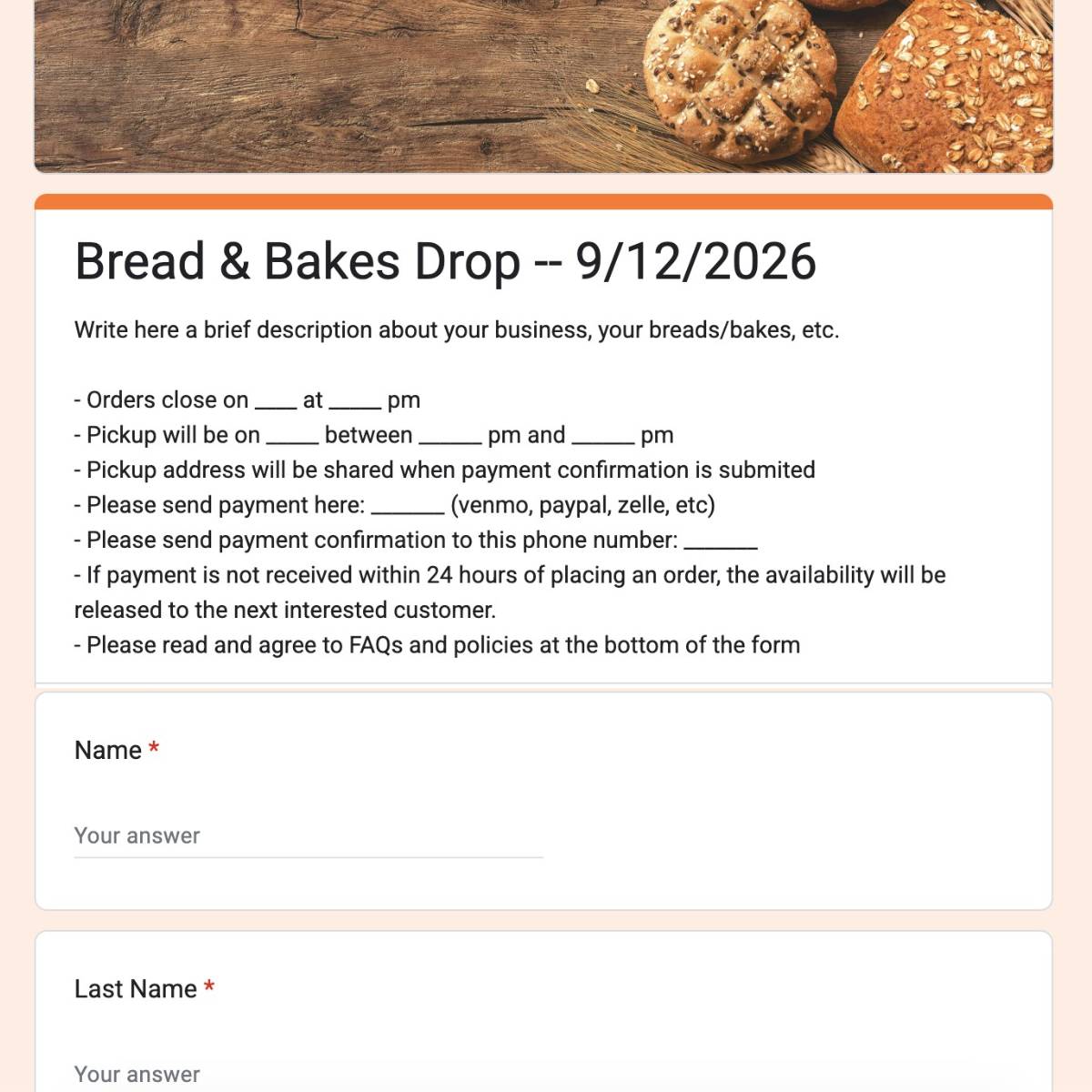 example of a google form ordering form