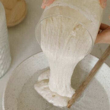 sourdough starter being poured on a bowl with water