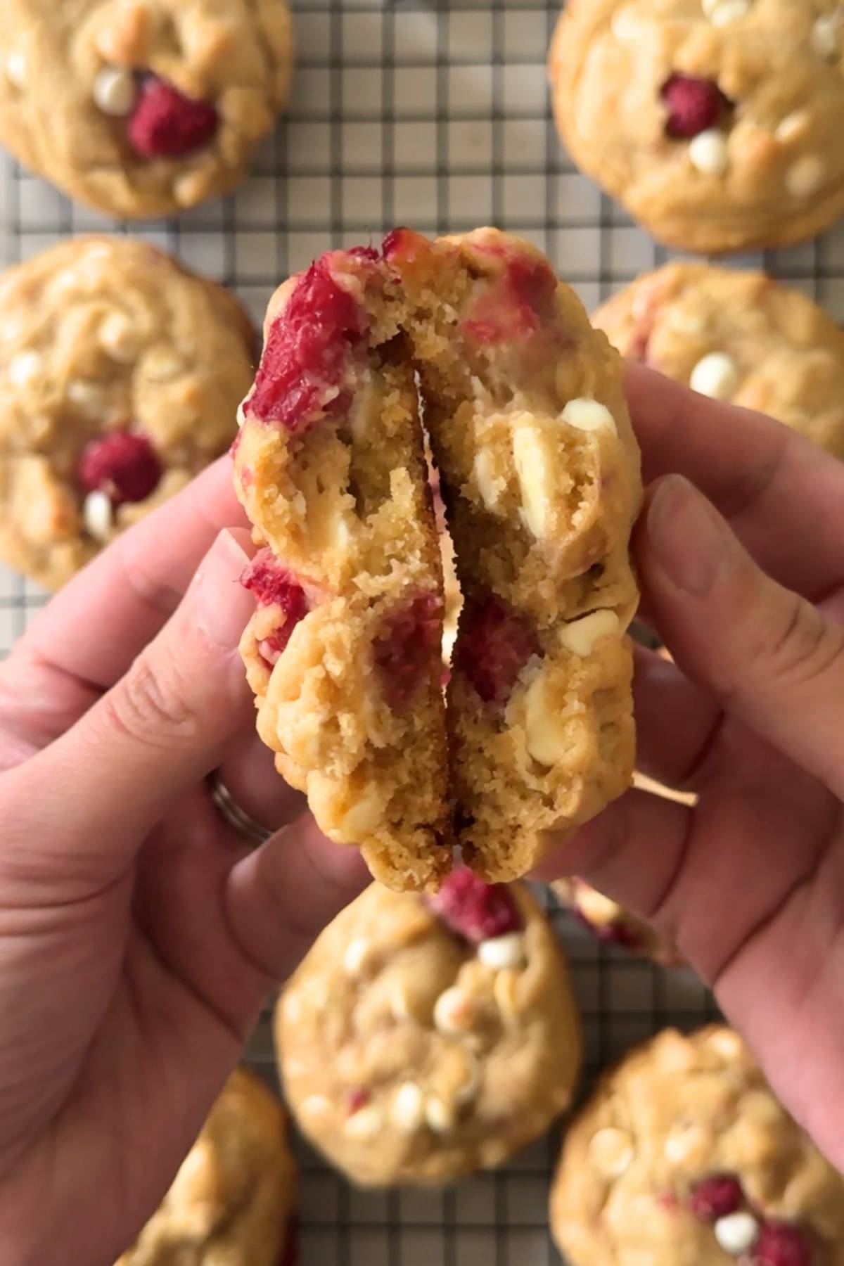 Sourdough White Chocolate Raspberry Cookie in half