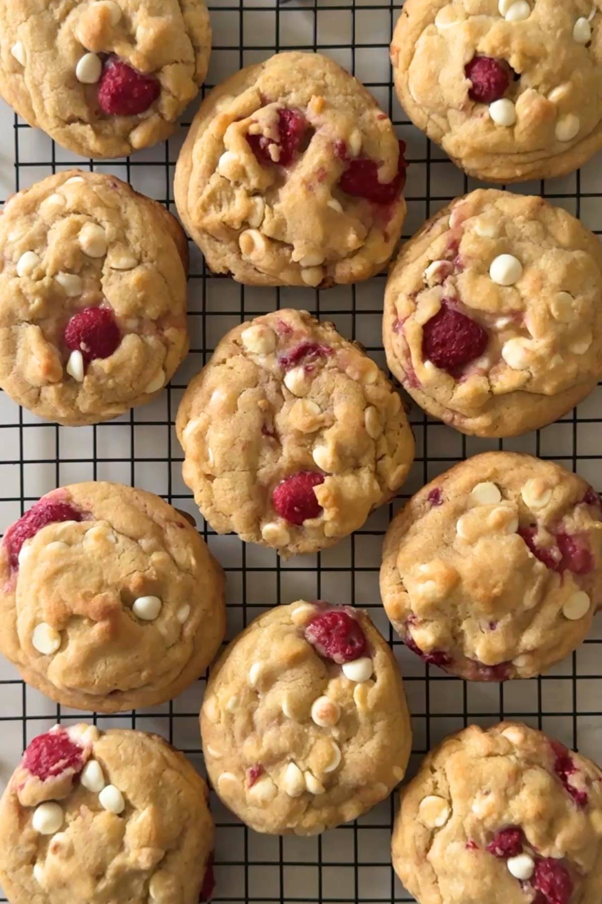 Sourdough White Chocolate Raspberry Cookies on baking sheet 