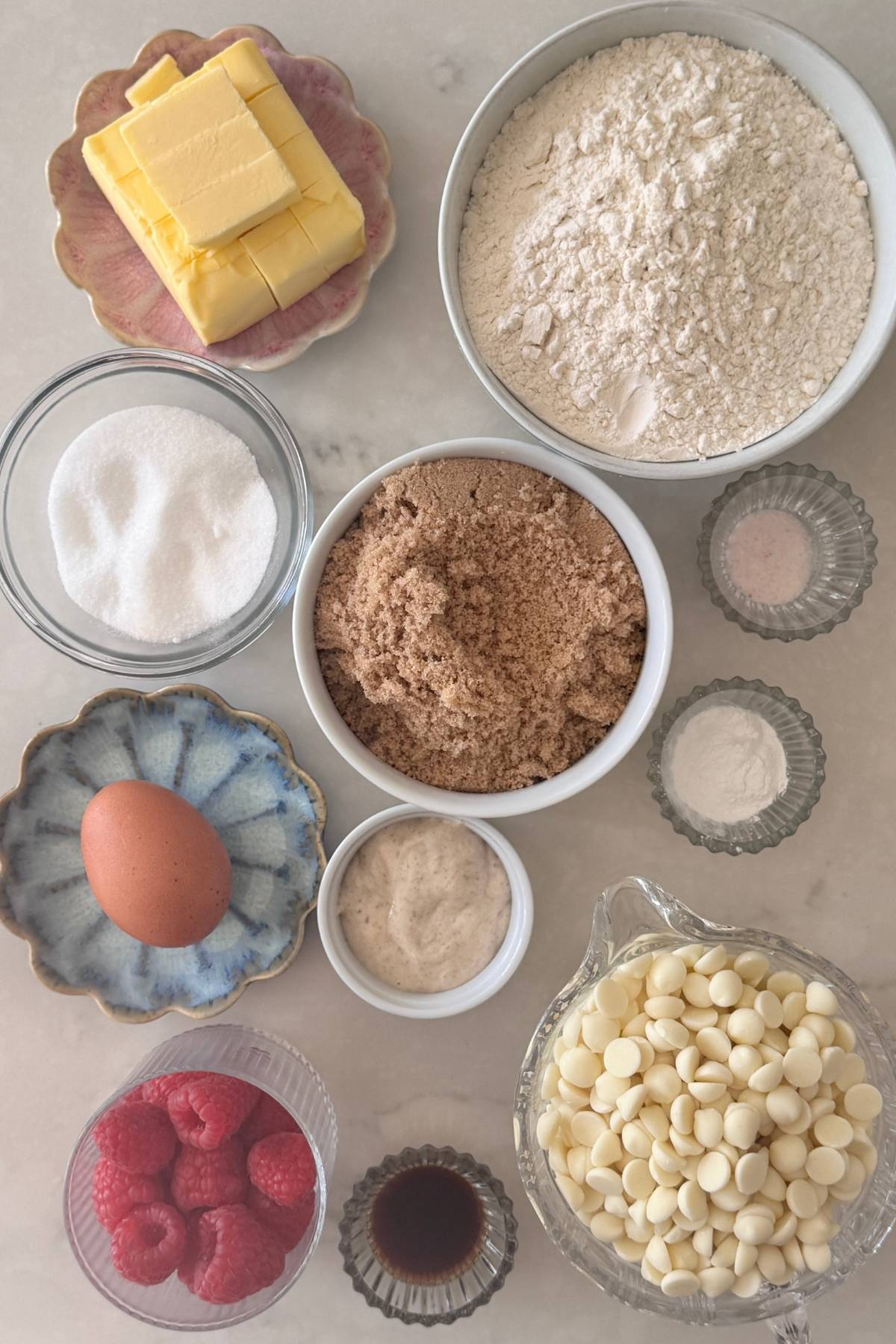ingredients for sourdough white chocolate raspberry cookies